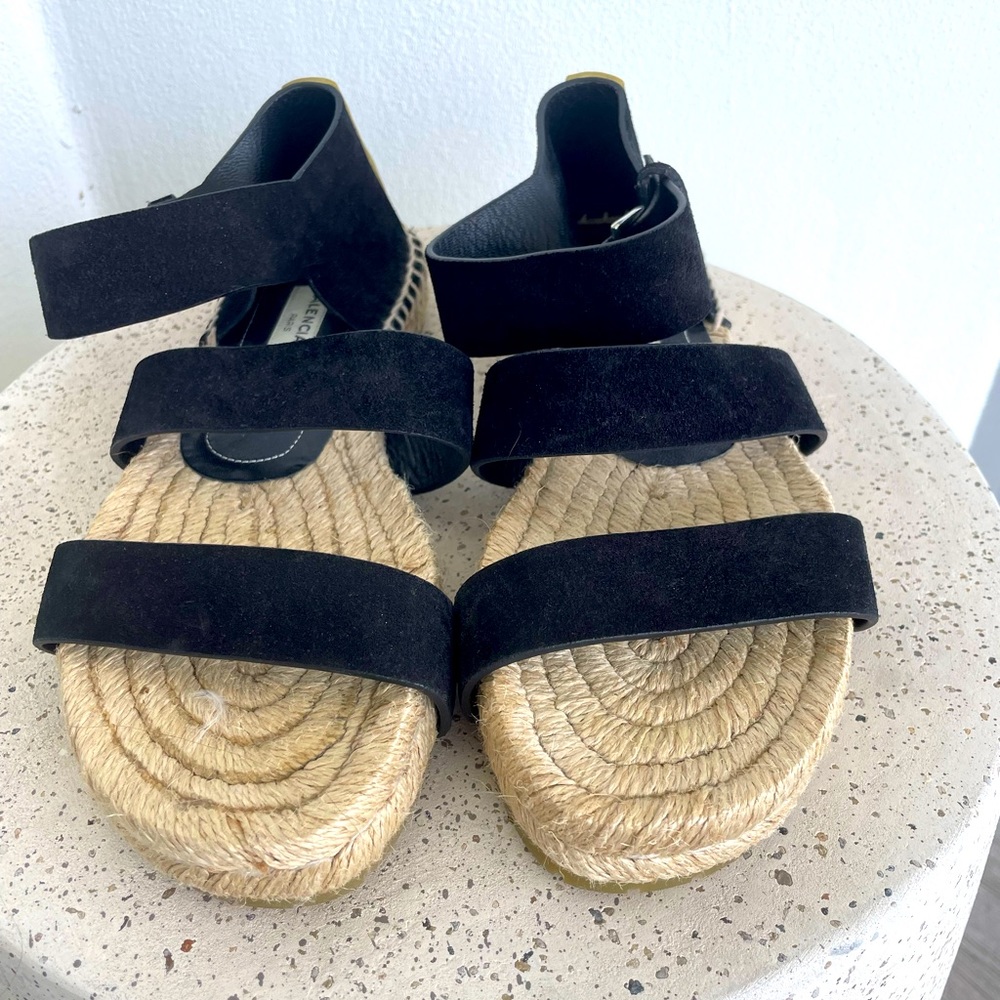 Authentic Balenciaga Black Suede Strappy Espadrille Sandals   Sz 35 1/2